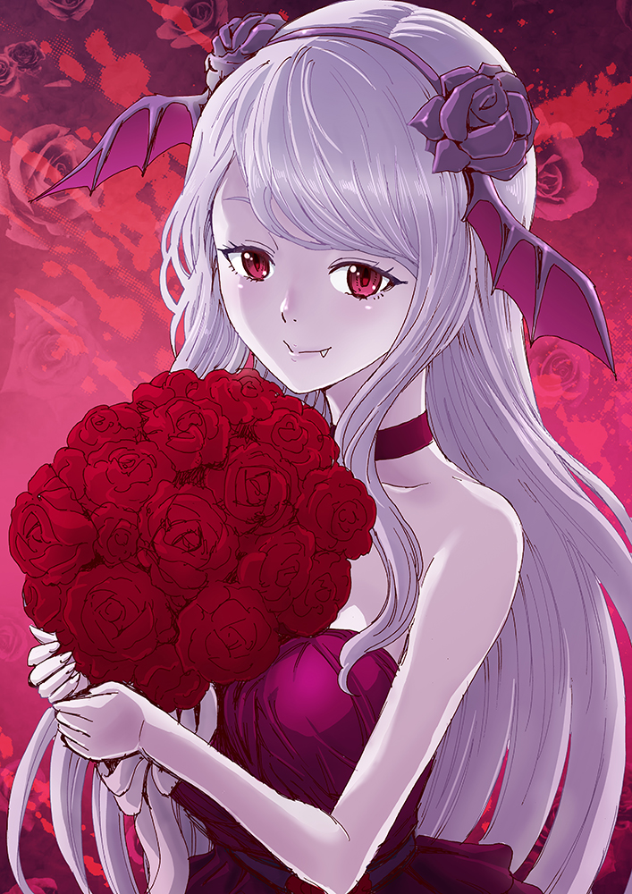 1girl bangs bouquet choker closed_mouth collarbone dress fang fang_out flower hair_flower hair_ornament hairband head_wings holding holding_bouquet long_hair nightgown overlord_(maruyama) purple_flower purple_hairband purple_rose purple_wings red_background red_dress red_eyes red_flower red_rose rose rurukichi shalltear_bloodfallen shiny shiny_hair silver_hair sleeveless sleeveless_dress smile solo strapless strapless_dress swept_bangs upper_body very_long_hair wings