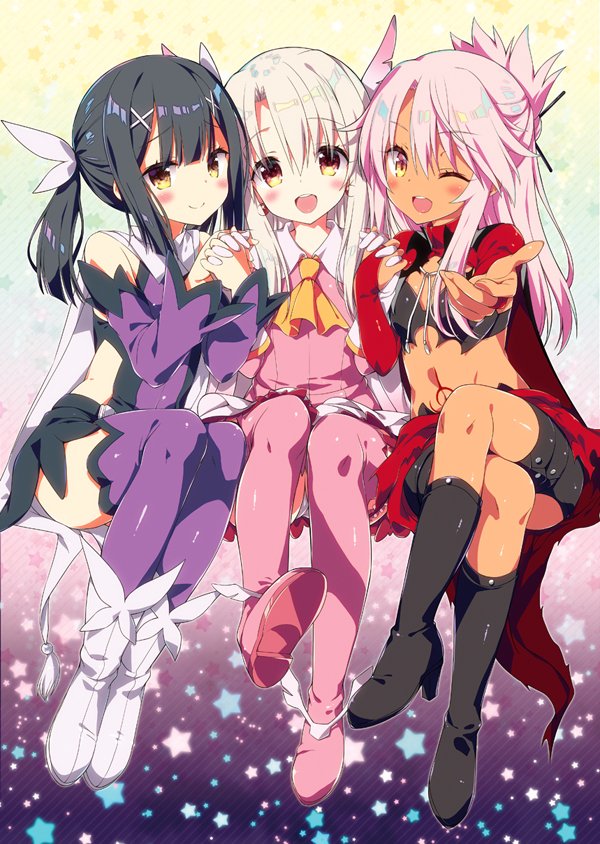 3girls ascot bangs bare_shoulders black_footwear black_hair blush boots breastplate breasts cape chloe_von_einzbern closed_mouth crossed_legs dark_skin detached_sleeves fate/kaleid_liner_prisma_illya fate_(series) feathers hair_between_eyes hair_feathers hair_ornament hairclip holding_hands illyasviel_von_einzbern interlocked_fingers leotard long_hair long_sleeves looking_at_viewer magical_girl miyu_edelfelt multiple_girls navel open_mouth orange_eyes outstretched_arm pink_footwear pink_hair purple_legwear purple_leotard red_eyes sasorigatame small_breasts smile stomach_tattoo tattoo thigh_boots thighhighs white_footwear white_hair x_hair_ornament yellow_eyes yellow_neckwear