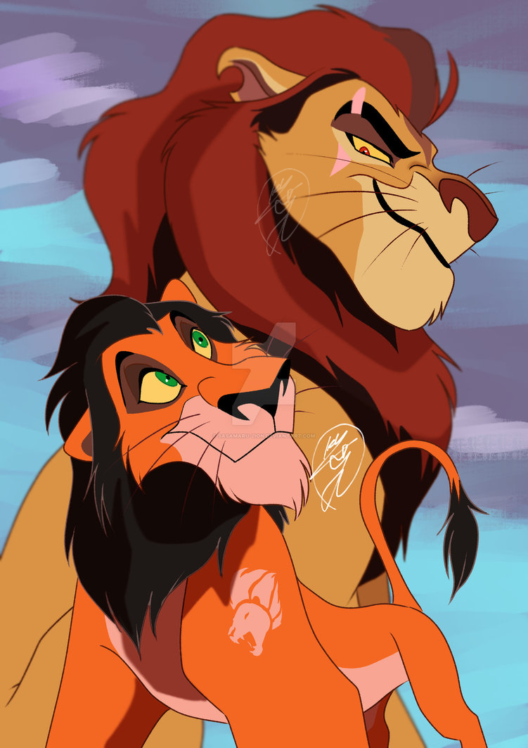 disney duo felid feral fur green_eyes lion male mammal pantherine sasamaru scar scar_(the_lion_king) simple_background smile the_lion_guard the_lion_king young