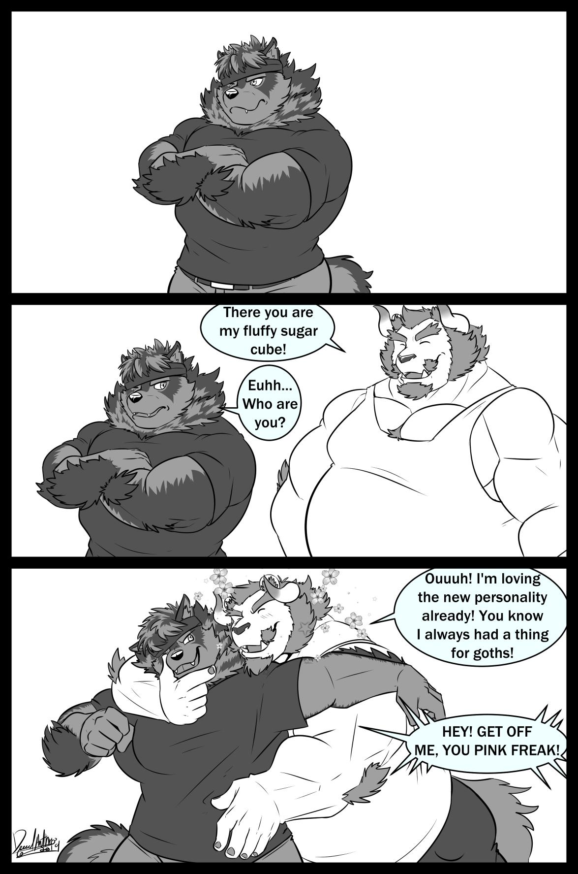 accessory anthro canid canine canis chernobog clothed clothing comic deadanthro demon english_text fur headband horn male mammal multicolored_fur musclegut muscular muscular_male overweight text tokyo_afterschool_summoners two_tone_fur video_games volkv_vseslav wolf