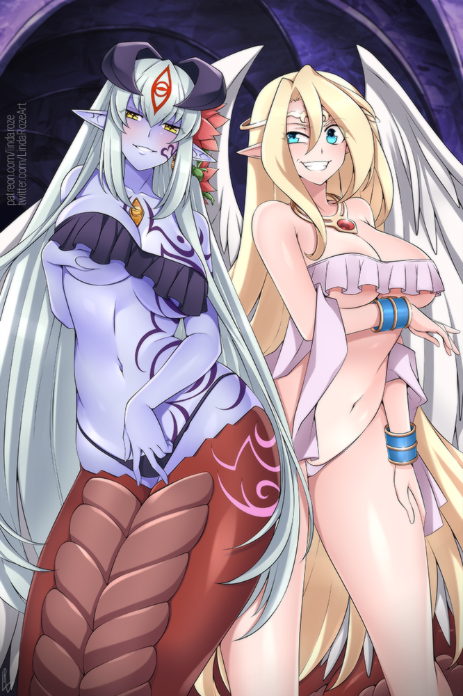 2girls :d alina_pegova alisfieze_fateburn_xvi angel_wings ankle_cuffs artist_name bangs bare_legs bare_shoulders blonde_hair blue_eyes blue_skin blush bra bracelet breast_hold breast_tattoo breasts cleavage commentary commission crazy_eyes crazy_smile curvy diadem english_commentary eyebrows_visible_through_hair facial_tattoo flower grin hair_between_eyes hair_flower hair_ornament half-closed_eye half-closed_eyes hand_in_panties horns ilias jewelry lamia large_breasts long_hair looking looking_at_viewer mon-musu_quest! monster_girl multiple_girls navel open_mouth panties parted_lips pointy_ears scales sidelocks silver_hair slit_pupils smile tail tattoo underwear very_long_hair wings yellow_eyes