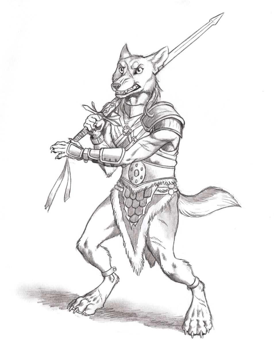 0laffson 4_toes 5_fingers anthro barefoot canid canine canis clothed clothing coyote fingers holding_object holding_weapon male mammal melee_weapon simple_background solo sword teeth toes traditional_media_(artwork) weapon white_background