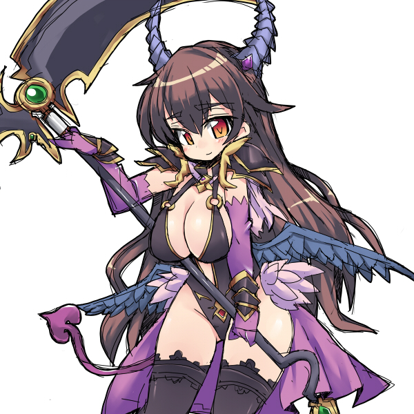 1girl black_hair black_legwear breasts demon_tail elbow_gloves eyebrows_visible_through_hair gloves horns large_breasts long_hair looking_at_viewer nemui_(nemui) orange_eyes purple_gloves scythe sennen_sensou_aigis simple_background solo sophie_(sennen_sensou_aigis) tail thighhighs white_background