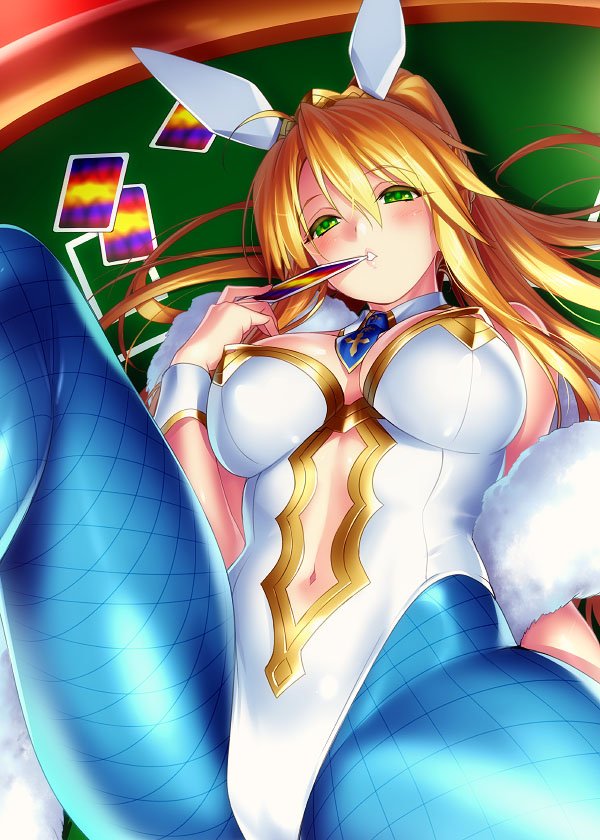 1girl animal_ears artoria_pendragon_(all) artoria_pendragon_(swimsuit_ruler)_(fate) bangs bare_shoulders blonde_hair blue_legwear blush breasts bunny_ears bunnysuit card cleavage detached_collar fate/grand_order fate_(series) fishnet_pantyhose fishnets green_eyes hair_between_eyes highleg highleg_leotard large_breasts leotard long_hair looking_at_viewer lying navel navel_cutout necktie on_back pantyhose parted_lips playing_card ponytail sidelocks solo tiara white_leotard wrist_cuffs zen