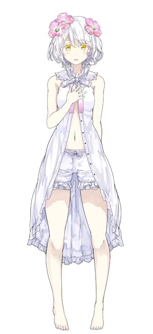 1girl bare_shoulders barefoot bloomers blush collar eyebrows_visible_through_hair flower full_body hair_flower hair_ornament hand_on_own_chest kudou_chitose midriff navel nijisanji official_art open_clothes open_mouth ribbon shibano_kaito smile solo standing tachi-e transparent_background underwear virtual_youtuber white_hair yellow_eyes