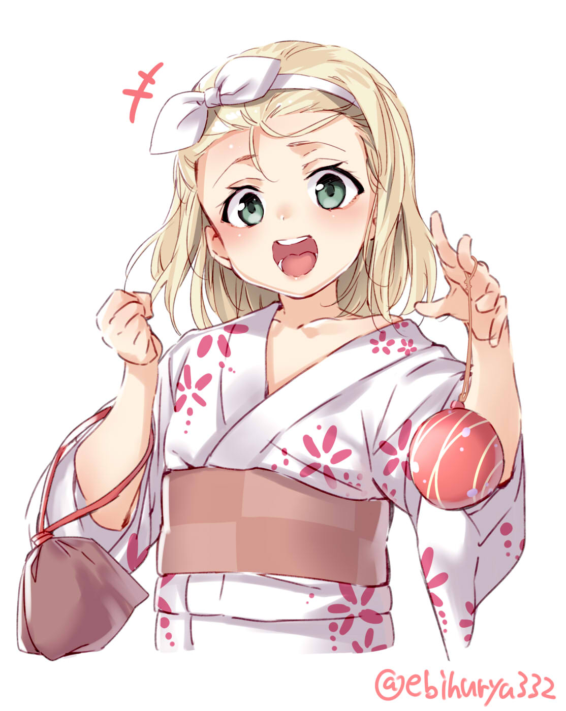 +++ 1girl blonde_hair blush ebifurya floral_print green_eyes hairband highres holding i-504_(kantai_collection) japanese_clothes kantai_collection kimono long_hair looking_at_viewer luigi_torelli_(kantai_collection) open_mouth print_kimono sash simple_background smile solo standing twitter_username upper_body water_yoyo white_background white_hairband white_kimono wide_sleeves yukata