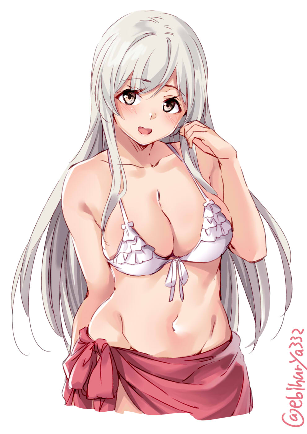 1girl alternate_costume arm_at_side bare_shoulders bikini breasts collarbone contemporary cowboy_shot ebifurya eyebrows_visible_through_hair frilled_bikini frills front-tie_top hair_flip highres kantai_collection large_breasts long_hair looking_at_viewer midriff navel open_mouth red_sarong sarong shoukaku_(kantai_collection) sideboob sidelocks solo swimsuit twitter_username white_background white_bikini_top white_hair yellow_eyes