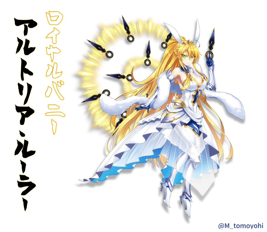 1girl animal_ears arm_up armor armored_boots armored_dress artoria_pendragon_(all) blonde_hair boots breasts bunny_ears bunny_tail cleavage cleavage_cutout collar commentary_request dress fake_animal_ears fate/grand_order fate_(series) floating floating_object fur_scarf gauntlets glowing green_eyes hair_between_eyes hairband high_heel_boots high_heels hip_armor holding holding_knife knife large_breasts long_hair looking_at_viewer pantyhose ponytail sidelocks sleeveless solo tail throwing_knife tomoyohi translation_request twitter_username weapon white_background yamato_nadeshiko