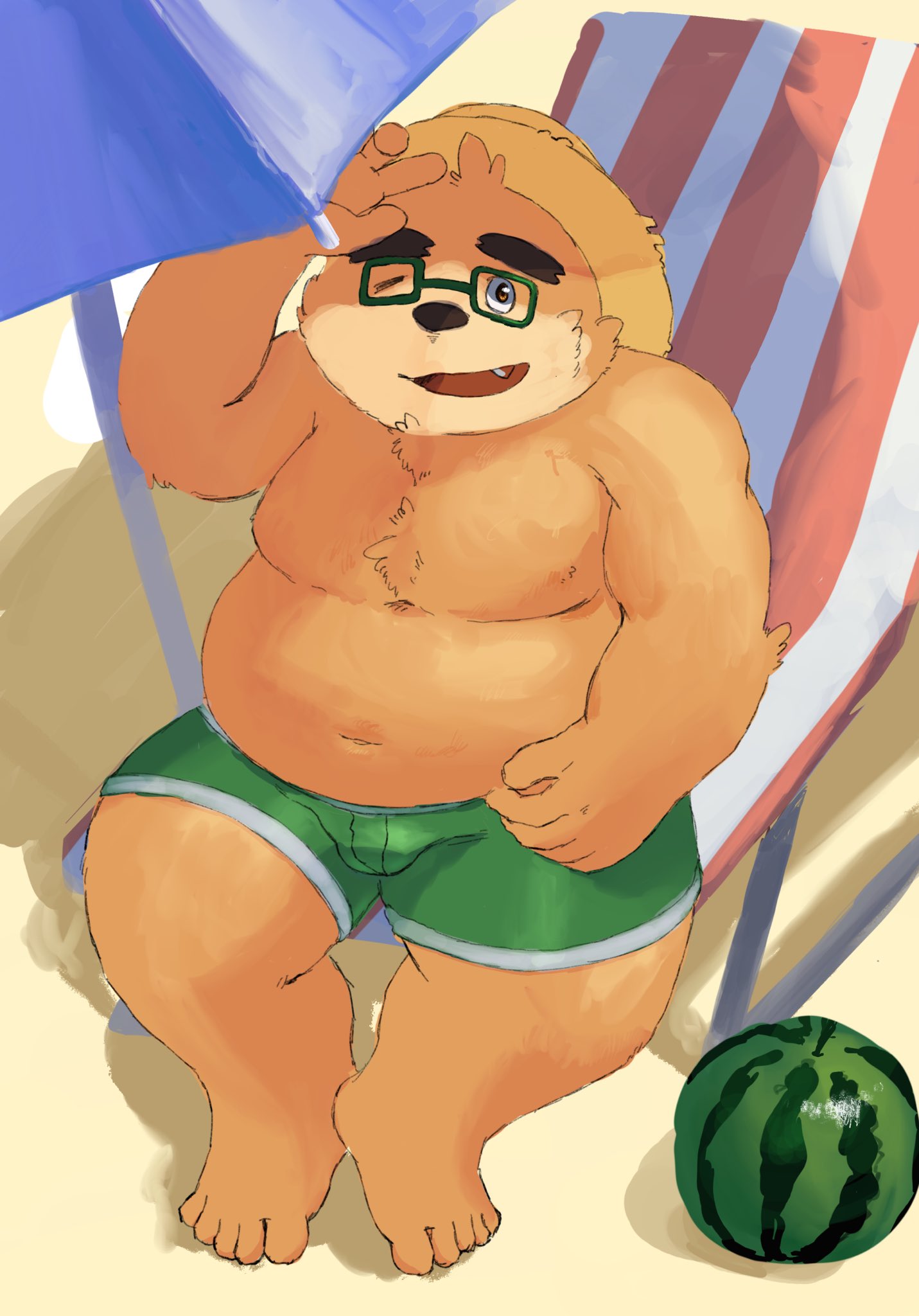 2019 anthro beach belly brown_fur clothing eyewear food fruit fur glasses hat headgear headwear humanoid_hands male mammal melon moobs nanon_1st navel outside overweight overweight_male plant seaside sitting solo straw_hat swimwear tokyo_afterschool_summoners ursid video_games volos watermelon