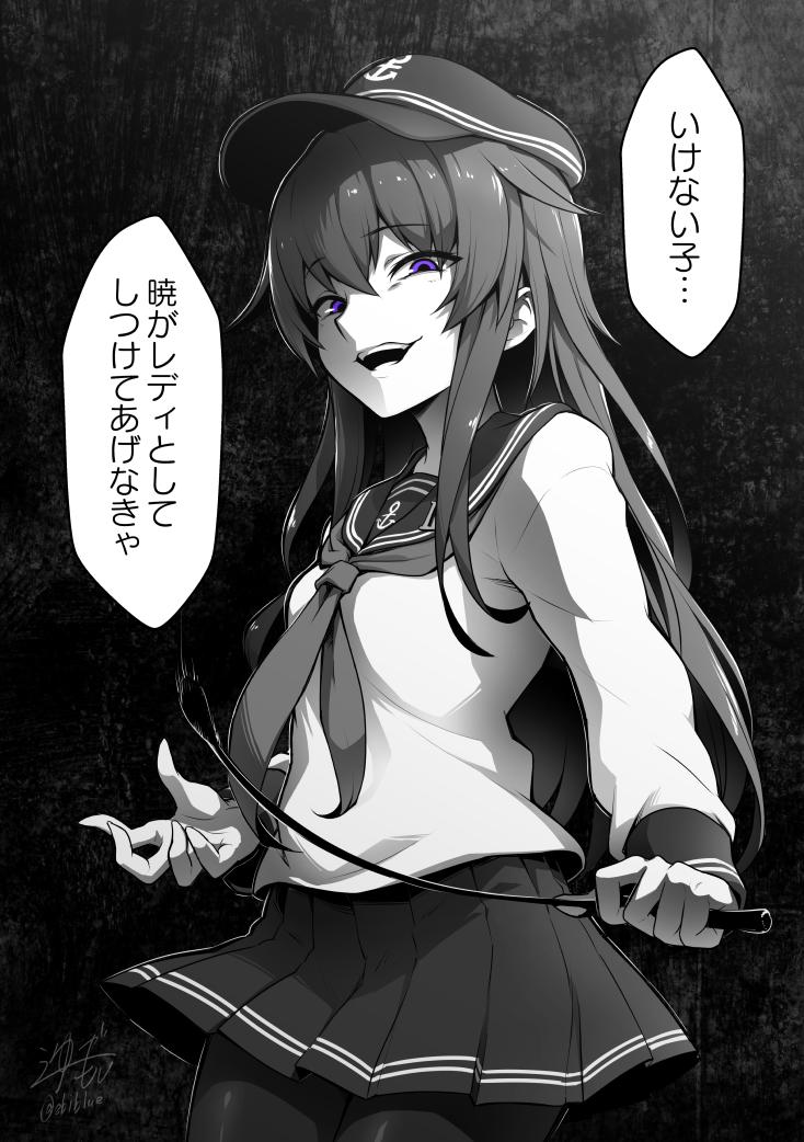 1girl akatsuki_(kantai_collection) anchor anchor_symbol bangs ebiblue eyebrows_visible_through_hair flat_cap gesugao greyscale hat holding kantai_collection long_hair long_sleeves monochrome neckerchief open_mouth pleated_skirt purple_eyes riding_crop sailor_collar school_uniform serafuku simple_background skirt solo spot_color translation_request