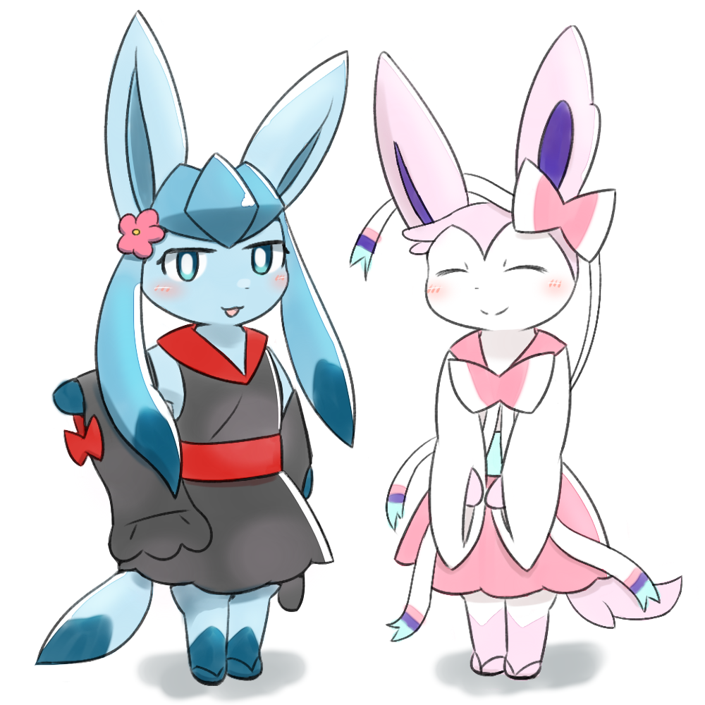 accessory ambiguous_gender blue_eyes blue_fur blush clothed clothing duo eeveelution eyes_closed flower footwear fur glaceon gloves_(marking) hair_accessory leg_markings long_ears looking_at_viewer mammal markings nintendo open_mouth plant pok&eacute;mon pok&eacute;mon_(species) ribbons simple_background smile socks_(marking) sylveon tsurikichiyuyu video_games white_background white_fur