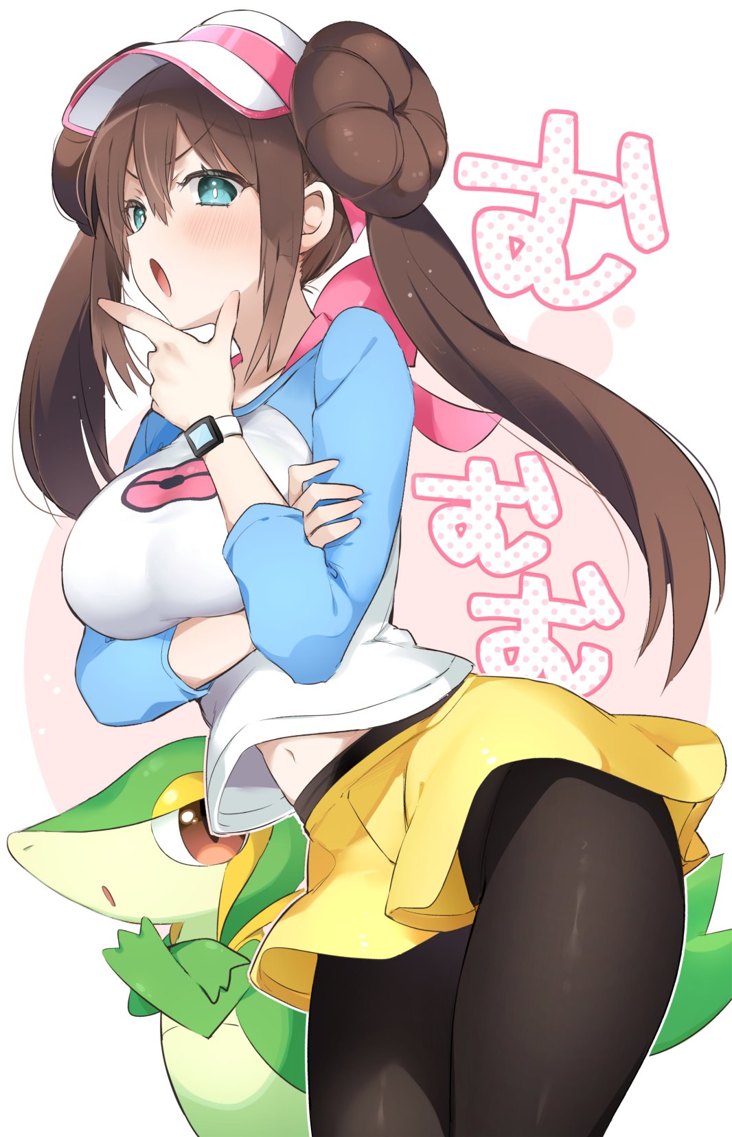 1girl :o black_legwear blue_eyes blush breast_hold breasts brown_hair double_bun hair_bun half-closed_eyes hat highres large_breasts legwear_under_shorts low_twintails mei_(pokemon) navel open_mouth pantyhose pokemon pokemon_(game) pokemon_bw2 pokemon_masters short_shorts shorts sino_(sionori) snivy solo twintails visor_cap watch yellow_shorts