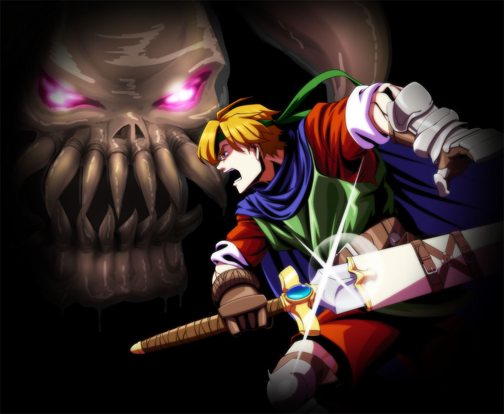 1boy armor belt black_background blonde_hair blue_cape blue_eyes brown_gloves cape dark_dragon drooling gauntlets glint gloves glowing glowing_eyes headband holding holding_sword holding_weapon male_focus max_(shining_force) screaming sheath shining_(series) shining_force_i standing sword unsheathing weapon zanma