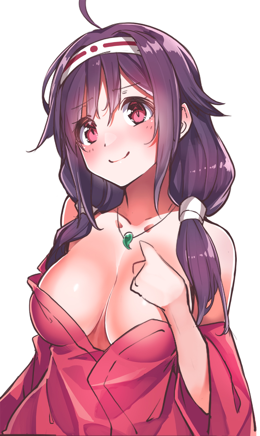 1girl ahoge alternate_costume blush breasts closed_mouth commentary_request eyebrows_visible_through_hair hair_between_eyes hairband highres japanese_clothes kantai_collection kimono konnyaku_(kk-monmon) large_breasts long_hair looking_at_viewer magatama no_bra pink_eyes purple_hair ryuuhou_(kantai_collection) simple_background smile solo taigei_(kantai_collection) white_background
