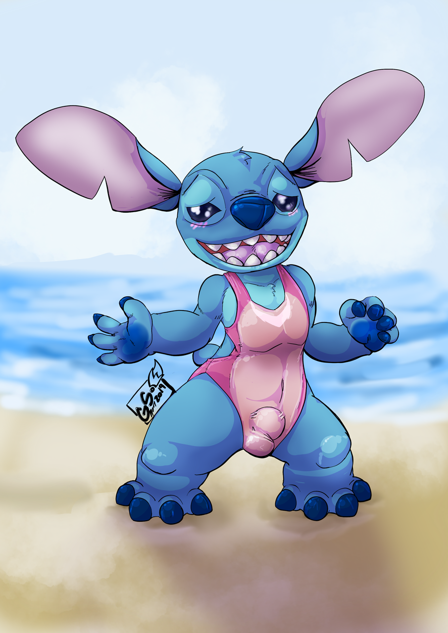 2019 4_fingers 4_toes alien alternate_version_at_source beach blue_eyes blue_fur blue_nose blue_pawpads blush bulge clothed clothing crossdressing disney experiment_(lilo_and_stitch) eyebrows fingers fur girly gs-fox hi_res lilo_and_stitch looking_at_viewer male no_sclera notched_ear one-piece_swimsuit open_mouth open_smile pawpads pink_clothing raised_inner_eyebrows seaside smile solo standing stitch_(lilo_and_stitch) swimwear thick_thighs toes