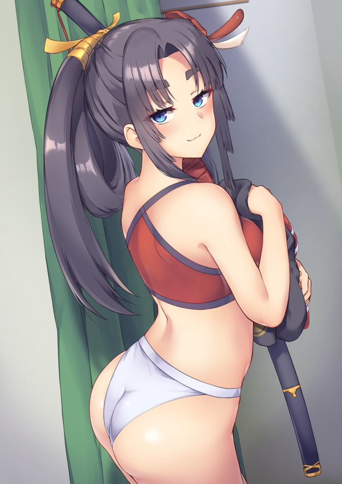 1girl ass back bangs bare_shoulders black_hair blue_eyes blush breasts closed_mouth fate/grand_order fate_(series) katana long_hair looking_at_viewer mask medium_breasts p!nta parted_bangs red_bikini_top side_ponytail smile solo sword tengu_mask ushiwakamaru_(fate/grand_order) ushiwakamaru_(swimsuit_assassin)_(fate) very_long_hair weapon white_bikini_bottom