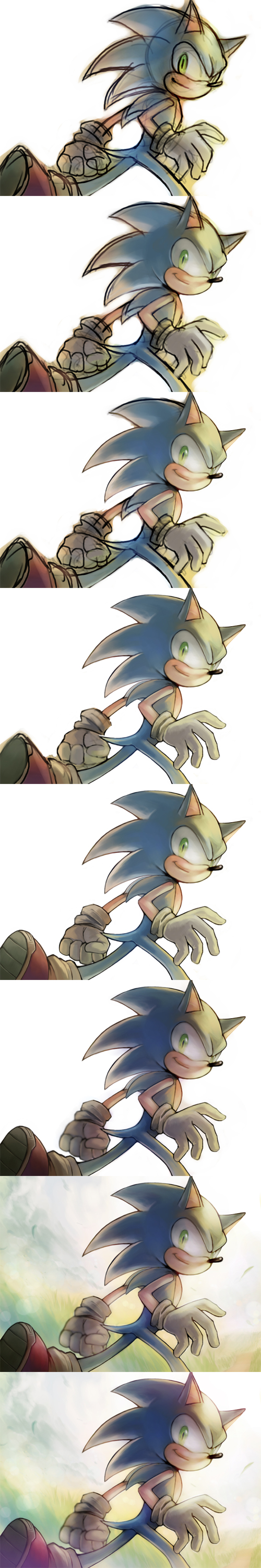 absurd_res anthro blue_fur clothing den255 eulipotyphlan fist footwear fur gloves grass green_eyes handwear hedgehog hi_res looking_back male mammal outside process running sequence shoes simple_background sketch smile solo sonic_(series) sonic_the_hedgehog white_background
