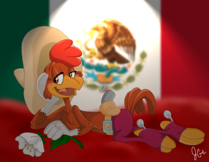 2019 anthro avian bird blush chicken clothing disney flag flower galliform gallus_(genus) hat headgear headwear lying male mexico panchito_pistoles pandajenn phasianid plant rose_(flower) smile the_three_caballeros