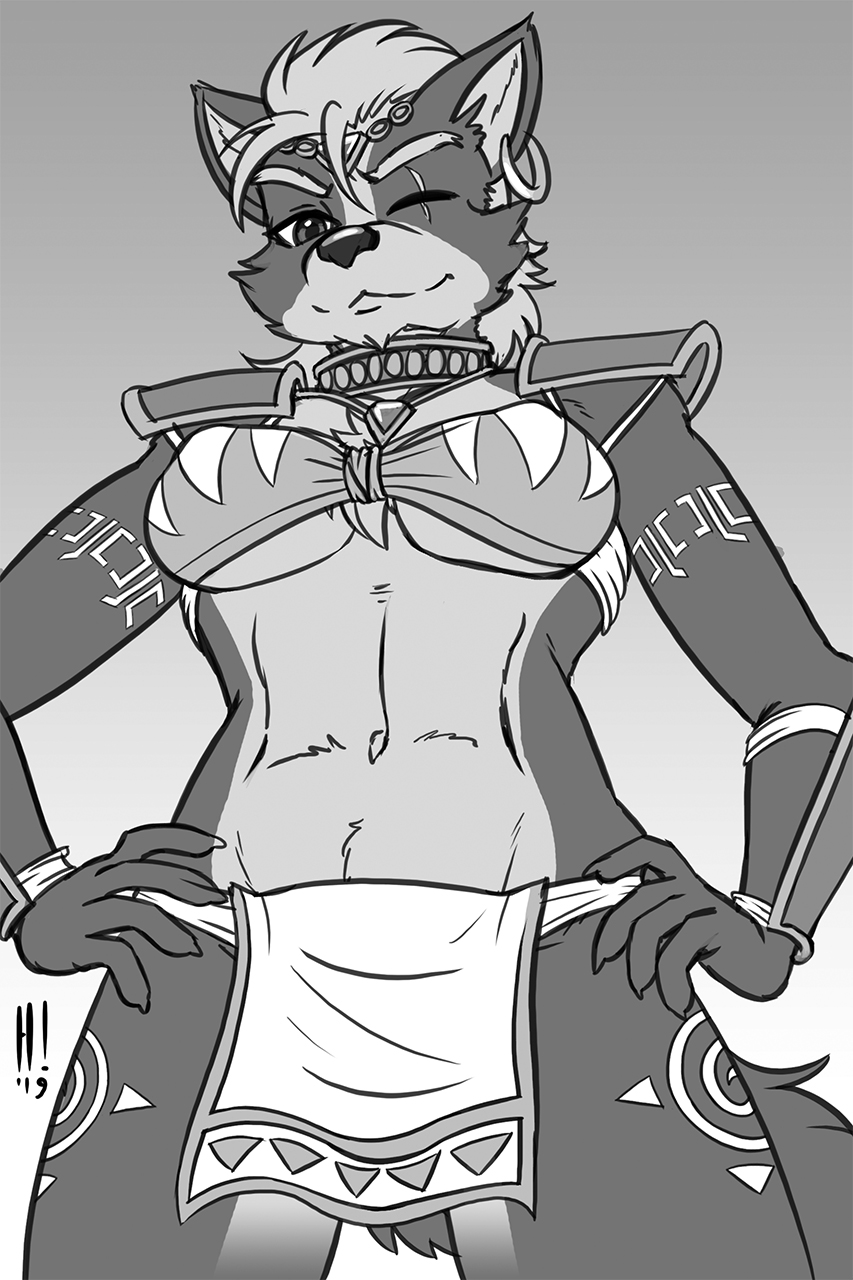 1_eye 2019 anthro armor breasts canid canine canis circlet clothed clothing collar cosplay crossgender ear_piercing ear_ring female heresy_(artist) hi_res jewelry krystal looking_at_viewer low-angle_view mammal monochrome navel necklace nintendo outfit_swap piercing scar shoulder_pads skimpy star_fox tattoo tribal under_boob video_games wolf wolf_o'donnell