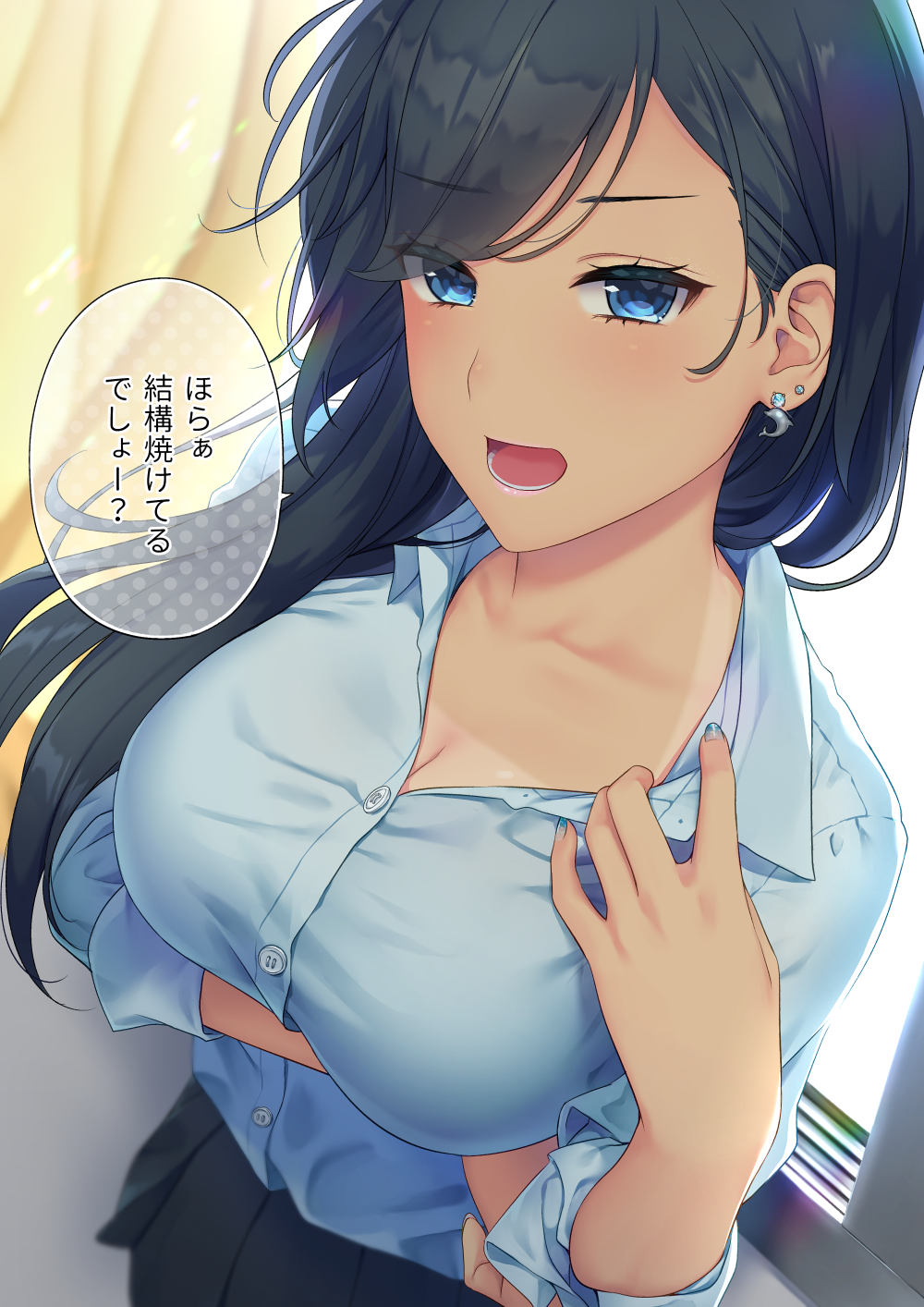 1girl arm_under_breasts bangs black_hair blue_eyes blue_shirt blue_skirt blush breasts cleavage collarbone collared_shirt curtains daidai_jamu dress_shirt earrings eyebrows_visible_through_hair highres jewelry large_breasts lipstick long_hair looking_at_viewer makeup open_mouth original pink_lipstick pleated_skirt shirt skirt swept_bangs tan tanline_peek translation_request window