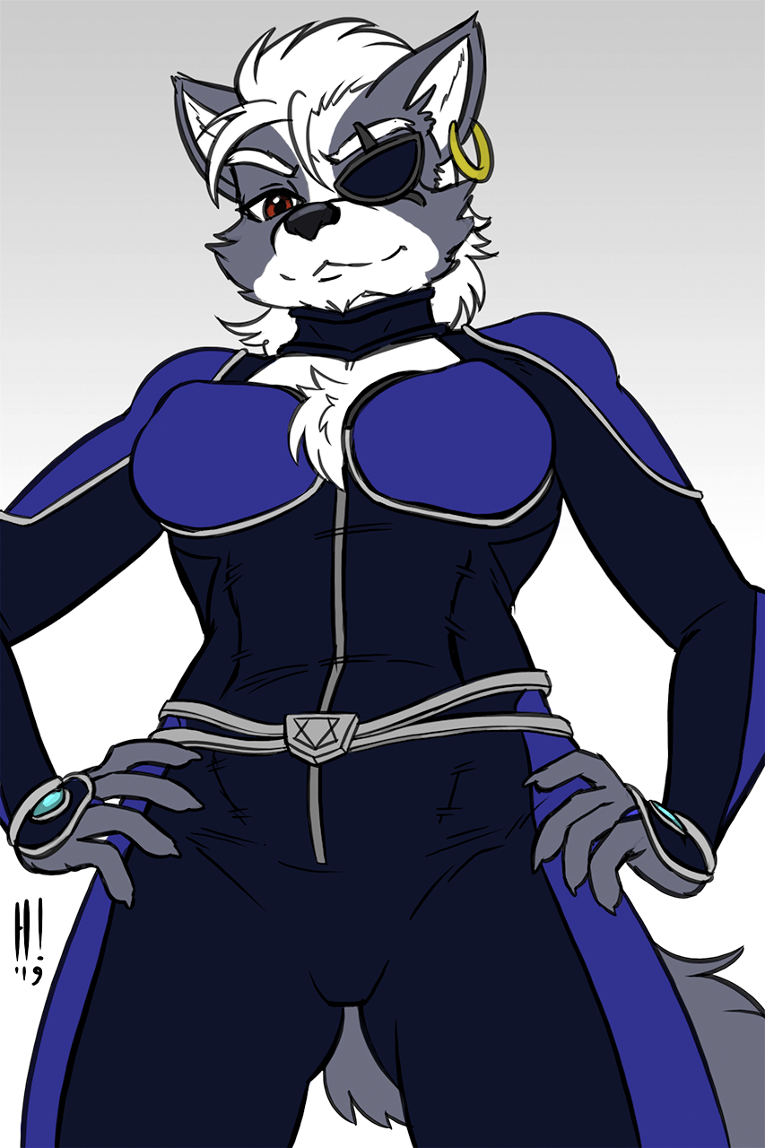 1_eye 2019 alternate_costume anthro belt breasts canid canine canis catsuit_(disambiguation) chest_tuft cleavage_cutout clothed clothing clothing_swap color_edit colored cosplay crossgender ear_piercing ear_ring edit eye_patch eyewear felicity_longis female fur gold_(metal) gold_jewelry grey_fur heresy_(artist) hi_res jewelry keyhole_turtleneck krystal looking_at_viewer low-angle_view mammal navel nintendo piercing star_fox sweater topwear tuft video_games white_fur wolf wolf_o'donnell