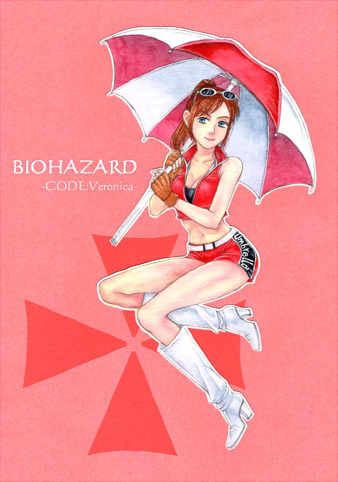 1girl belt bike_shorts blue_eyes breasts brown_hair claire_redfield cleavage closed_mouth commentary_request denim fingerless_gloves gloves jacket kikimimi_612 looking_at_viewer ponytail resident_evil resident_evil_code:_veronica short_hair shorts simple_background solo traditional_media umbrella watercolor_(medium)