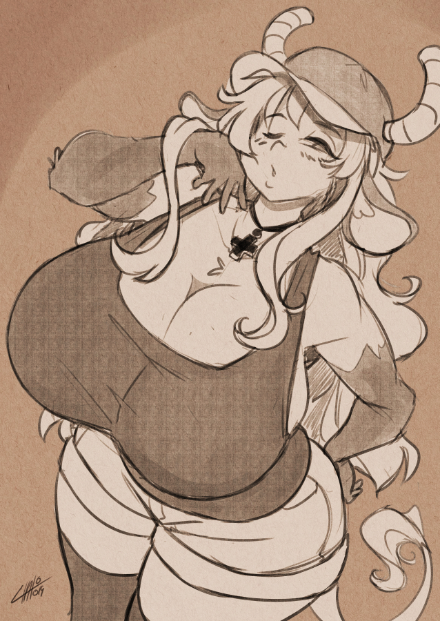 2019 anthro big_breasts bovid bovine breasts cattle chalo cleavage clothed clothing cosplay diana_linda female fur hair hand_on_hip hat headgear headwear horn huge_breasts las_lindas long_hair mammal mature_female miss_kobayashi's_dragon_maid one_eye_closed quetzalcoatl_(dragon_maid) signature standing thick_thighs voluptuous webcomic wide_hips