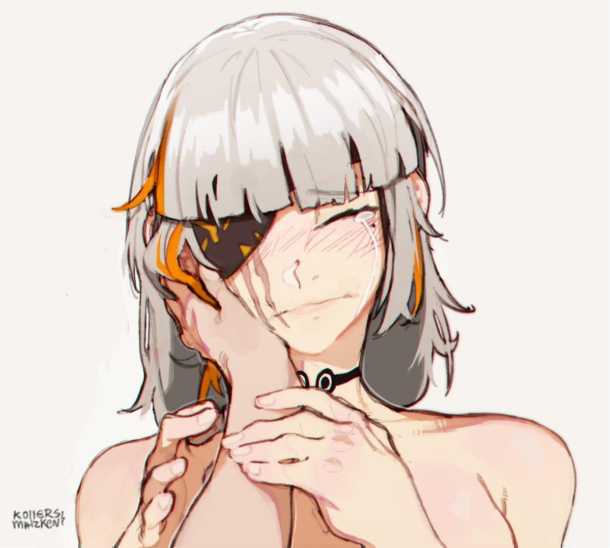 1girl bangs blush closed_eyes closed_mouth eyepatch girls_frontline hand_on_another's_cheek hand_on_another's_face kollerss long_hair m16a1_(girls_frontline)_(boss) multicolored_hair orange_hair pov pov_hands scar scar_across_eye silver_hair solo_focus two-tone_hair