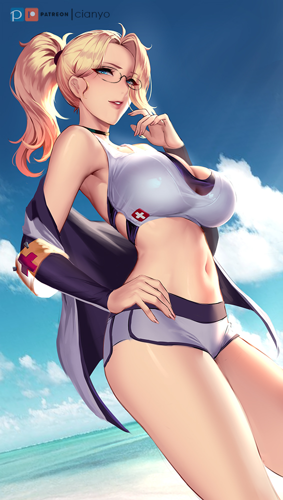 1girl beach black_choker blonde_hair blue_eyes blue_sky breasts choker cian_yo day glasses hand_on_hip large_breasts long_hair looking_at_viewer mercy_(overwatch) midriff navel ocean off_shoulder overwatch patreon_username ponytail red_cross short_shorts shorts sky solo stomach swimsuit swiss_flag tankini