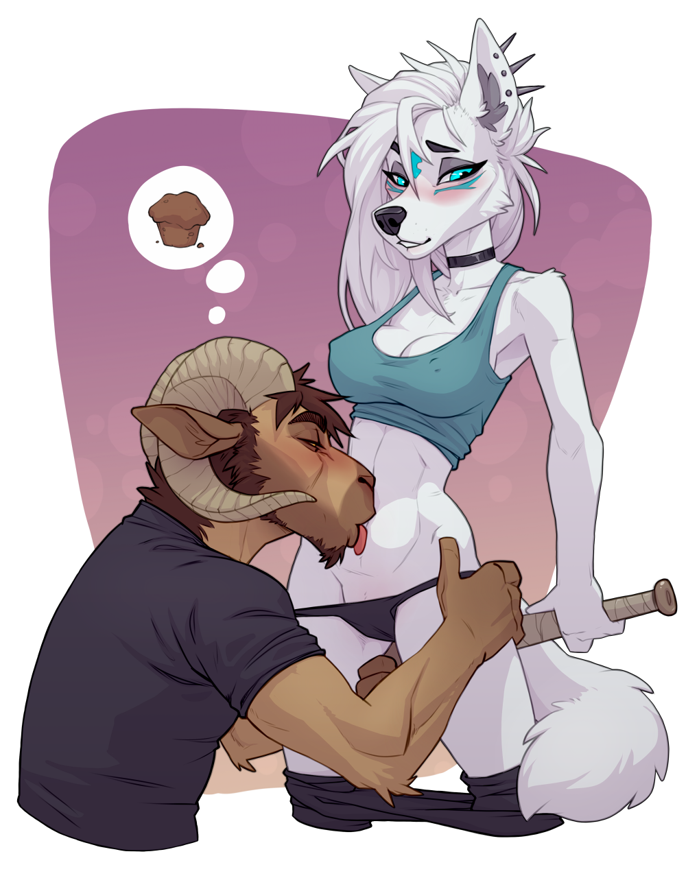 2019 anthro blue_eyes blush bovid breasts canid canine canis caprine cleavage clothed clothing cyndi_(character) duo ear_piercing female hi_res horn licking male mammal navel_fetish navel_lick piercing ram-nail shirt thong tongue tongue_out topwear wolf wolfy-nail