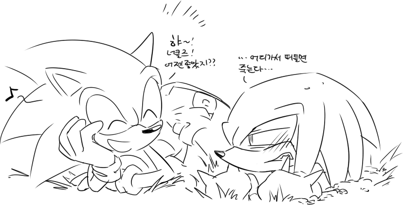 angry anthro black_and_white blush clothing den255 dialogue duo echidna eulipotyphlan footwear gloves grass handwear happy hedgehog holding_head knuckles_the_echidna korean_text lying male mammal monochrome monotreme musical_note on_front on_ground shoes sketch smile sonic_(series) sonic_the_hedgehog text translation_request