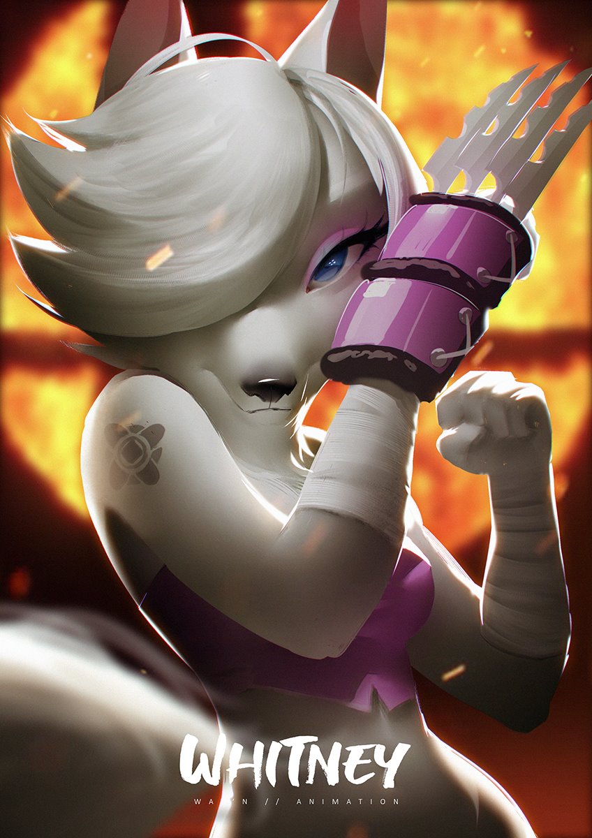 animal_crossing anthro arctic_wolf bandage blue_eyes breasts canid canine canis clothed clothing female fist fur hair hair_over_eye hi_res holding_object holding_weapon looking_at_viewer mammal melee_weapon nintendo smile solo super_smash_bros. video_games wayn_animation weapon white_fur whitney_(animal_crossing) wolf