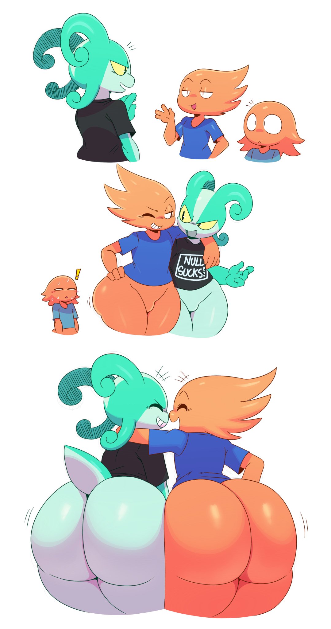 2019 alien ambiguous_gender big_butt blush bottomless brother brothers butt butt_focus butt_shot clothed clothing digital_media_(artwork) featureless_crotch girly green_skin group hi_res huge_butt humanoid male malph mammal not_furry orange_skin puwa shirt sibling simple_background sssonic2 t-shirt thick_thighs topwear wide_hips