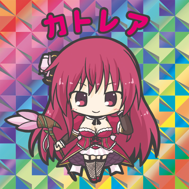 1girl bangs blush breasts brown_sleeves cattleya_(flower_knight_girl) character_name chibi cleavage closed_mouth detached_sleeves dress eyebrows_visible_through_hair fishnet_legwear fishnets flower flower_knight_girl full_body garter_straps hair_flower hair_ornament holding holding_staff large_breasts long_hair long_sleeves looking_at_viewer pink_flower puffy_short_sleeves puffy_sleeves red_dress red_eyes red_footwear red_hair rinechun shoes short_sleeves smile solo staff standing thighhighs v-shaped_eyebrows very_long_hair