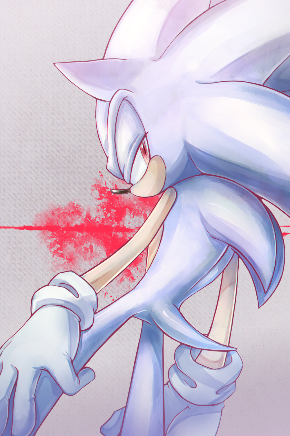 2:3 alternate_color anthro clothing den255 eulipotyphlan fur gloves handwear hedgehog hi_res looking_back male mammal red_eyes simple_background solo sonic_(series) sonic_the_hedgehog textured_background white_fur