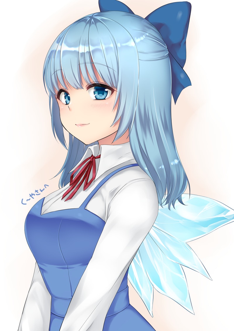 1girl alternate_hair_length alternate_hairstyle bangs blue_bow blue_dress blue_eyes blue_hair blush bow breasts cirno commentary_request dress eyebrows_visible_through_hair hair_bow ice ice_wings large_breasts long_hair long_sleeves looking_at_viewer monrooru neck_ribbon older pinafore_dress red_neckwear red_ribbon ribbon shirt sidelocks smile solo touhou translation_request upper_body white_background white_shirt wing_collar wings