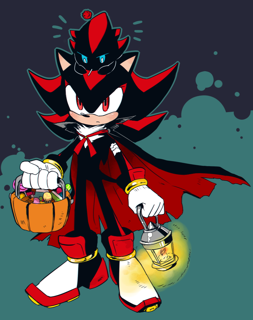abstract_background anthro basket black_fur blue_eyes candle candy cape chao_(sonic) character_chao clothing costume den255 duo eating eulipotyphlan fire food footwear fur gloves halloween handwear hedgehog holding_object holidays lantern lollipop male mammal red_eyes red_fur shadow_chao shadow_the_hedgehog shoes sonic_(series)