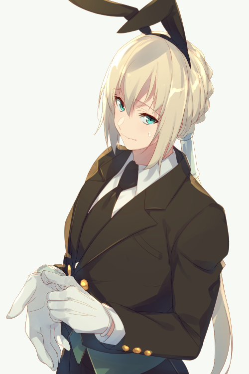 1boy adjusting_clothes adjusting_gloves alternate_costume animal_ears bedivere black_neckwear black_suit braid bunny_ears buttons cis05 commentary_request eyebrows_visible_through_hair fate/grand_order fate_(series) formal french_braid gloves green_eyes grey_hair hair_between_eyes hair_ornament hair_tubes long_hair looking_at_viewer male_focus necktie nervous nervous_smile ponytail shirt simple_background smile solo suit white_gloves white_shirt