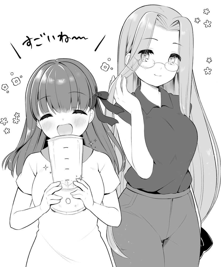 2girls aizawa85 bangs blush breasts closed_eyes commentary_request dress eyebrows_visible_through_hair fate/stay_night fate_(series) glasses greyscale hair_ribbon holding large_breasts long_hair looking_at_viewer matou_sakura mixer_(cooking) monochrome multiple_girls ribbon rider shirt short_sleeves translation_request