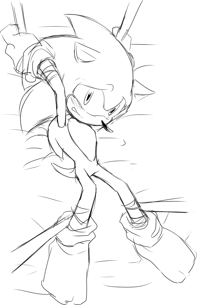 anthro arms_above_head bed black_and_white blush bound clothing den255 eulipotyphlan gloves hands_tied handwear hedgehog legwear looking_at_viewer lying male mammal monochrome on_back on_bed sketch socks solo sonic_(series) sonic_the_hedgehog