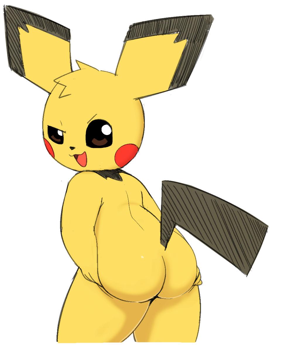ambiguous_gender anthro black_fur black_nose brown_eyes butt dipstick_ears fur half-closed_eyes multicolored_ears nintendo open_mouth pichu pok&eacute;mon pok&eacute;mon_(species) pok&eacute;morph pururing short_stack solo spread_butt spreading teasing tongue video_games yellow_fur