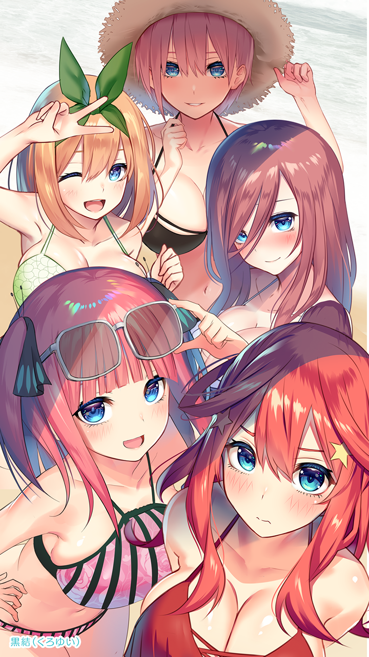 5girls :d ahoge arm_up arms_behind_back artist_name bangs bare_arms bare_shoulders beach bikini bikini_skirt black_bikini black_ribbon blue_eyes blunt_bangs blurry blurry_background blush breasts brown_hair cleavage closed_mouth collarbone commentary_request cowboy_shot day eyebrows_visible_through_hair eyewear_on_head go-toubun_no_hanayome green_ribbon hair_between_eyes hair_ornament hair_ribbon halter_top halterneck hand_on_hip hat highres kakaon large_breasts lips long_hair looking_at_viewer multiple_girls nakano_ichika nakano_itsuki nakano_miku nakano_nino nakano_yotsuba navel ocean one_eye_closed open_mouth orange_hair outdoors parted_lips partial_commentary pink_bikini pink_hair ponytail red_bikini red_hair ribbon sand shiny shiny_skin short_hair siblings sideboob sisters smile standing star star_hair_ornament straw_hat striped striped_bikini sunglasses swimsuit v v_arms vertical_stripes water white_bikini
