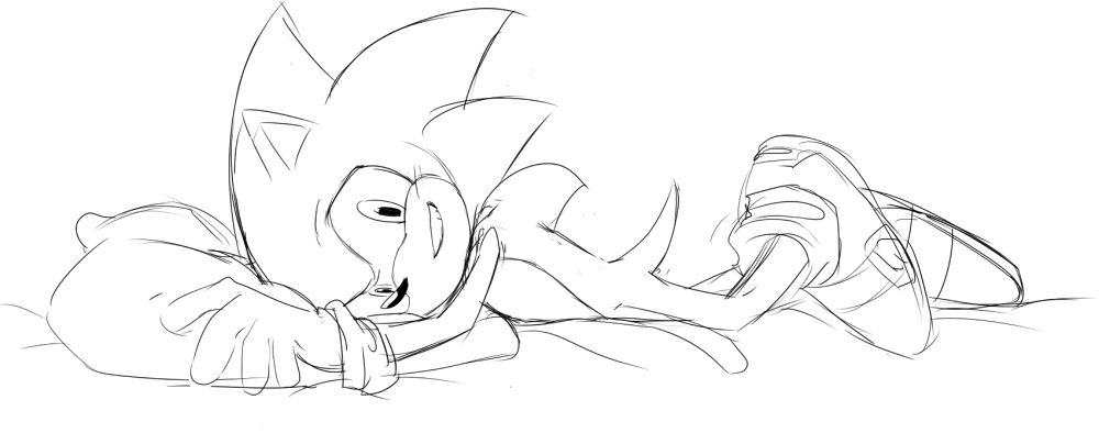 anthro bed black_and_white blush clothing den255 eulipotyphlan footwear gloves grin handwear hedgehog looking_at_viewer lying male mammal monochrome on_bed on_side pillow shoes sketch smile solo sonic_(series) sonic_the_hedgehog