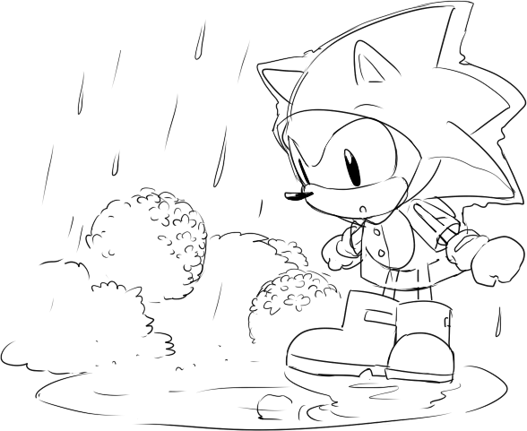 anthro black_and_white black_eyes boots clothing cub den255 eulipotyphlan footwear gloves handwear hedgehog male mammal monochrome outside plant puddle raincoat raining shrub solo sonic_(series) sonic_the_hedgehog standing water young