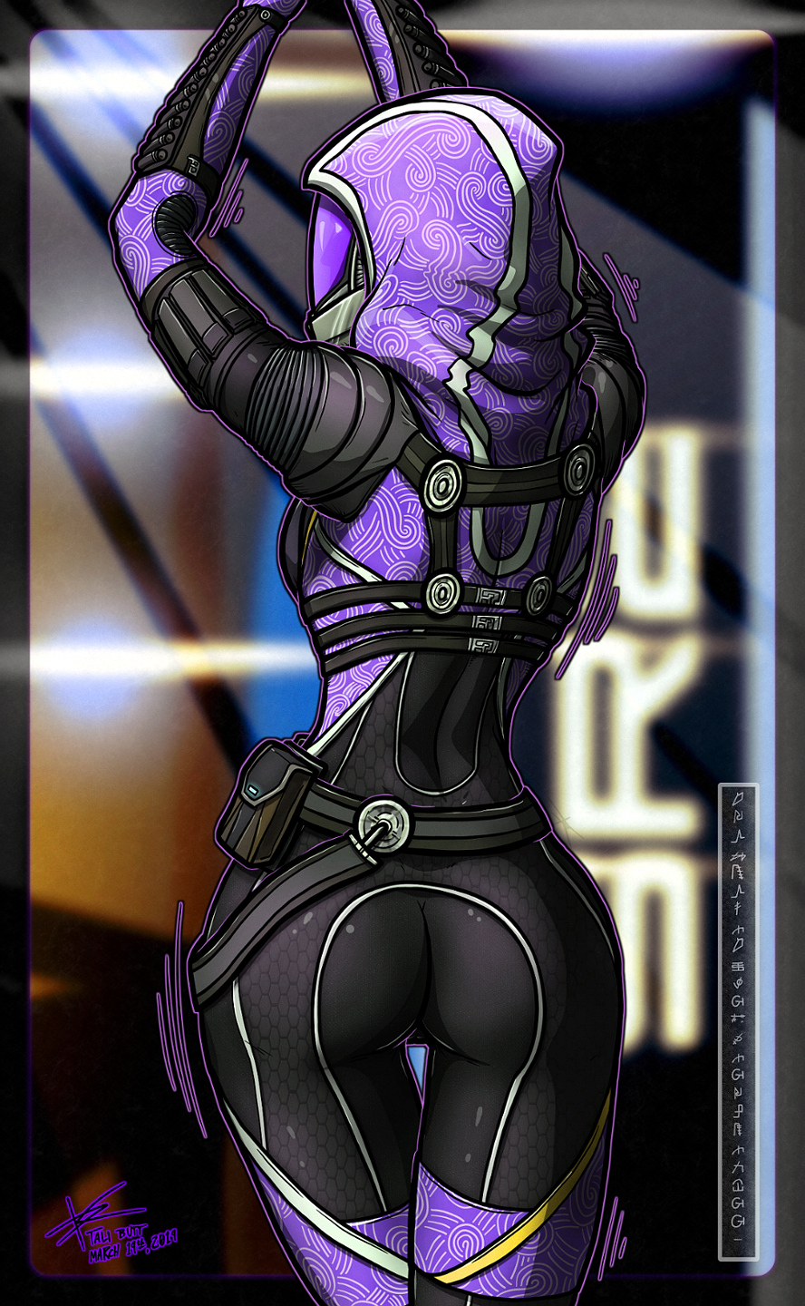 alien armor arms_above_head belt breasts bubble_butt butt clothed clothing dancing female form_fitting fully_clothed headgear helmet hi_res hood humanoid jesterdk leather looking_back mass_effect quarian rear_view side_boob solo tali'zorah thigh_gap utility_belt video_games visor