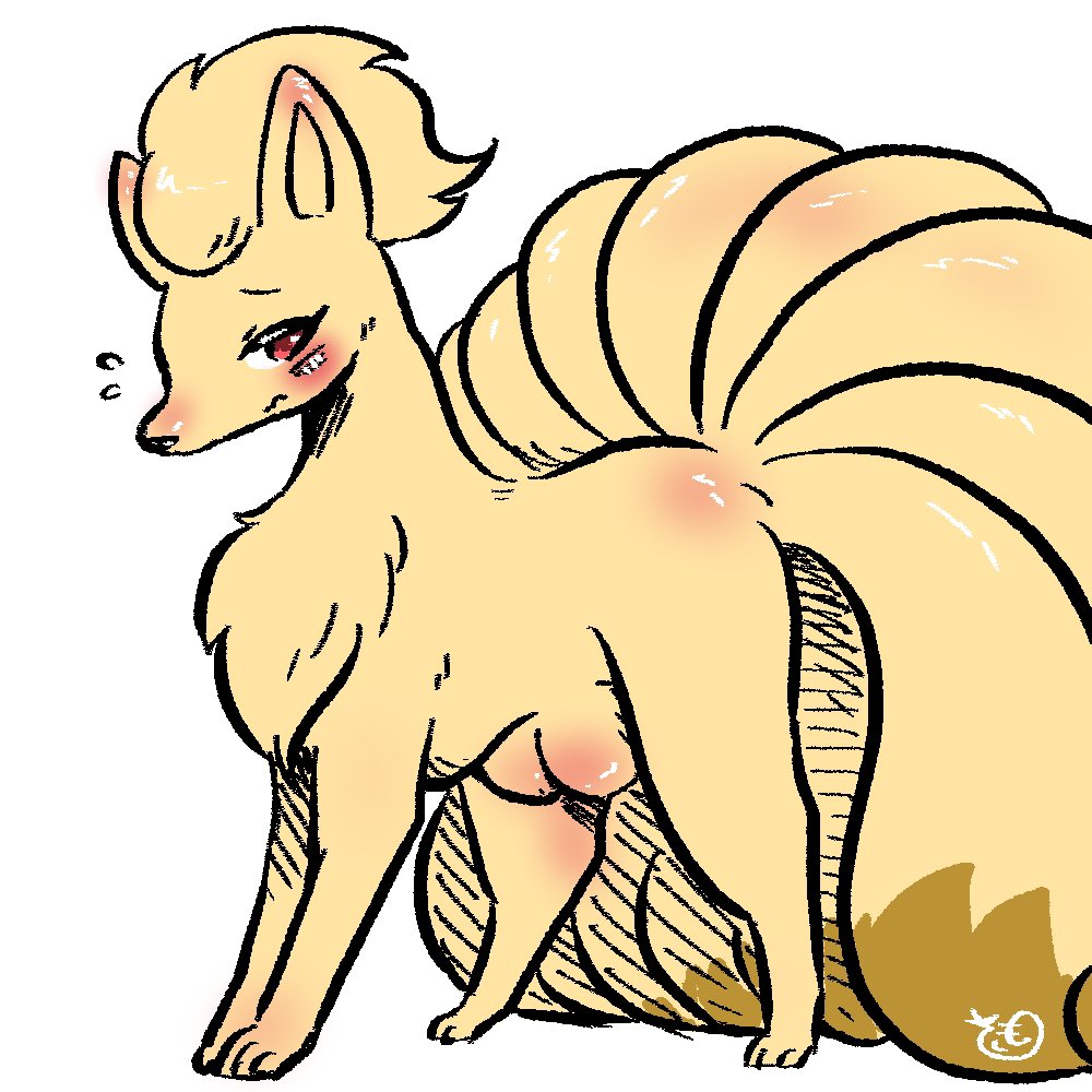 1:1 3_toes all_fours black_nose blush breasts brown_fur chest_tuft dipstick_tail ears_up eyelashes female fur looking_at_viewer mochimochi39mo multi_tail multicolored_tail ninetales nintendo pok&eacute;mon pok&eacute;mon_(species) red_eyes shy snout solo toes tuft video_games yellow_fur