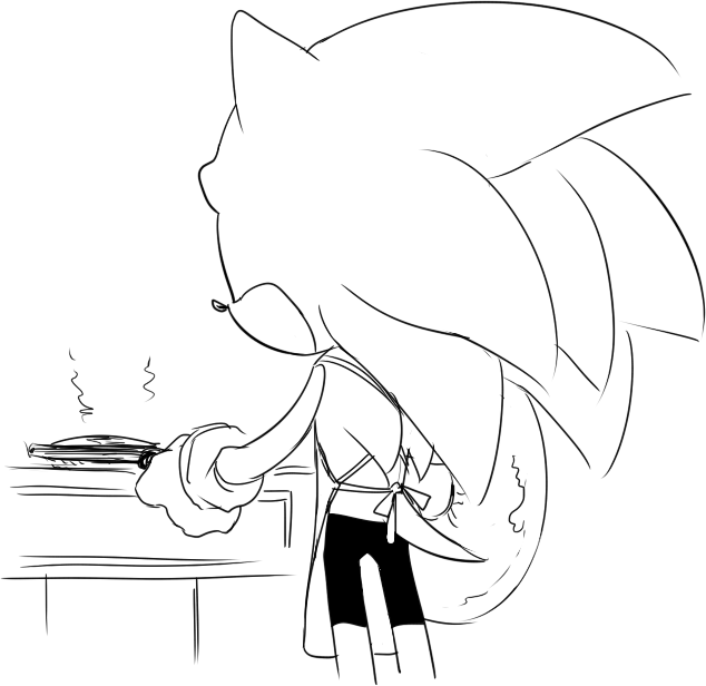 anthro apron black_and_white bottomwear clothing cooking cookware den255 eulipotyphlan frying_pan gloves handwear hedgehog holding_object kitchen_utensils male mammal monochrome rear_view shorts solo sonic_(series) sonic_the_hedgehog standing tools