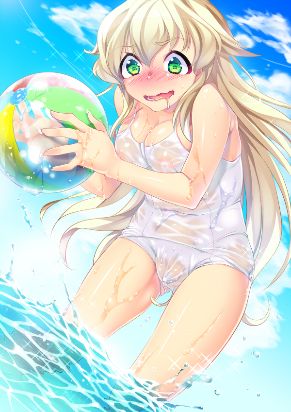 1girl ball bare_arms bare_legs bare_shoulders beachball blue_sky blush breasts cleavage cowboy_shot day dripping drooling furrowed_eyebrows green_eyes holding holding_beachball long_hair menstruation minamoto nose_blush open_mouth original outdoors platinum_blonde_hair school_swimsuit shiny shiny_skin sky solo swimsuit tampon textless transparent wading wavy_mouth white_school_swimsuit white_swimsuit