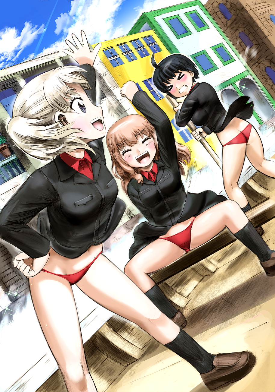 3girls ahoge ass black_hair blonde_hair blue_eyes blush breasts brown_hair butt_crack clenched_teeth closed_eyes crotch eyebrows_visible_through_hair fernandia_malvezzi groin highres hosoinogarou large_breasts luciana_mazzei martina_crespi military military_uniform multiple_girls navel open_mouth outdoors panties parted_lips red_panties shiny shiny_hair short_hair small_breasts smile spread_legs strike_witches teeth tongue underwear uniform upper_teeth world_witches_series