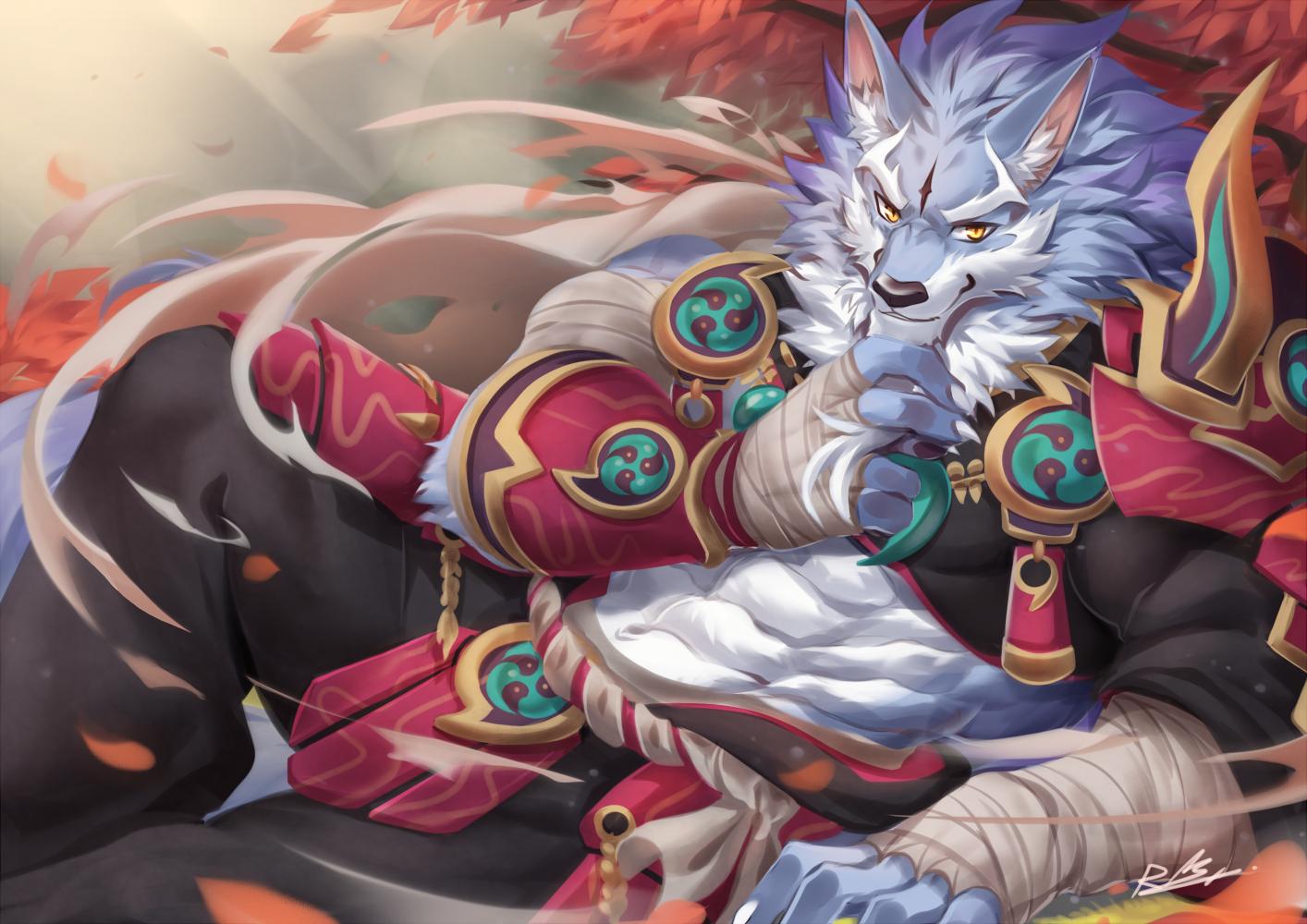 2019 5_fingers abs biceps black_nose canid canine canis clothed clothing detailed_background facial_hair fingers fur grey_fur handwraps humanoid_hands law_(sdorica_sunset) male mammal multicolored_fur muscular muscular_male pecs rabbity sdorica sdorica_sunset signature tree two_tone_fur white_fur wolf yellow_eyes
